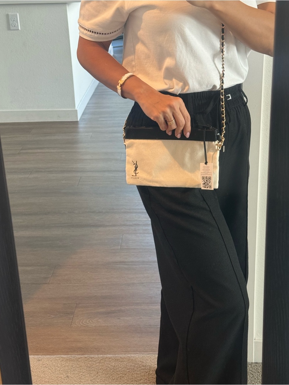 Yves Saint Laurent Cream Canvas and Black Leather Crossbody Pouch